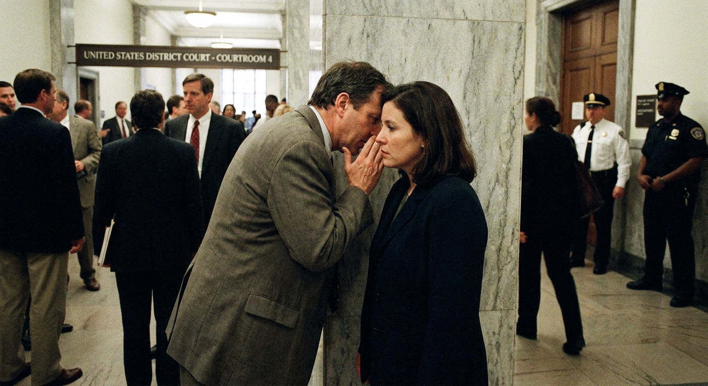 A defense attorney speaking quietly with a client in a hallway outside a federal courtroom, candid news photo style