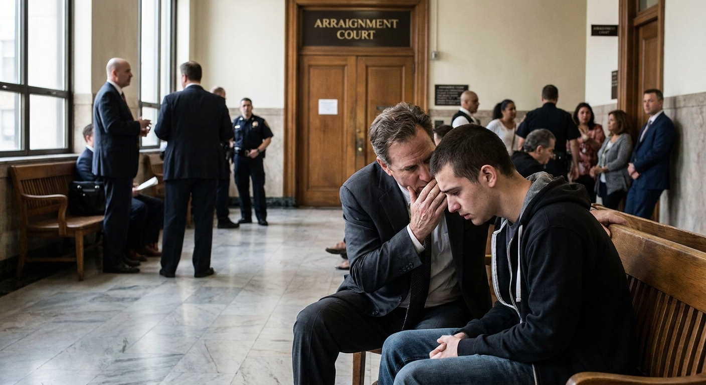 A defense attorney speaking quietly with a client in a courthouse hallway outside a courtroom before an arraignment, news photography style