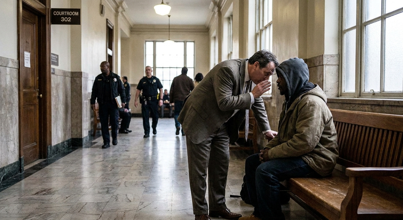A defense attorney speaking quietly with a client in a courthouse hallway outside a courtroom, candid news photography style