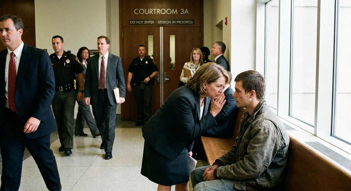 A defense attorney speaking quietly with a client in a courthouse hallway outside a courtroom, candid legal news photo
