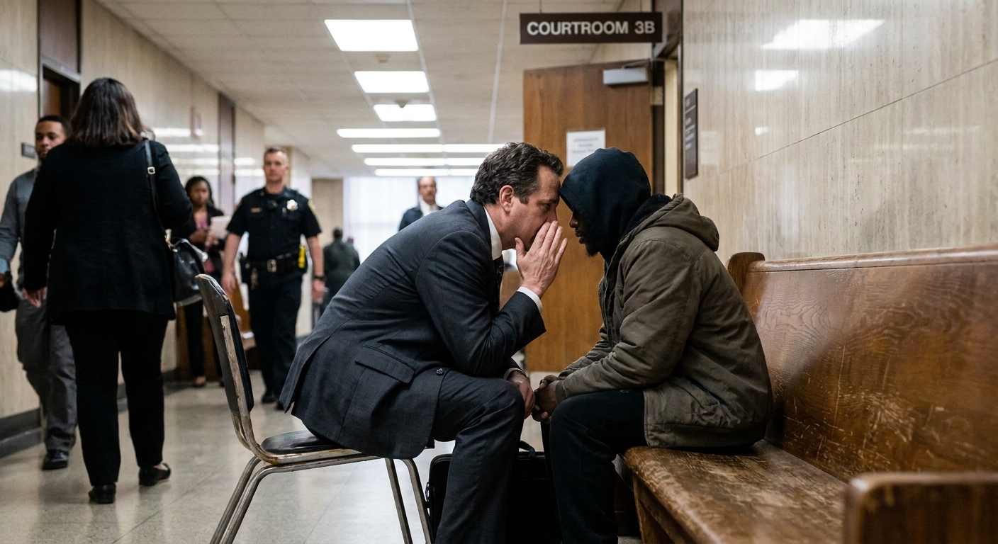 A defense attorney speaking quietly with a client in a courthouse hallway outside a courtroom, candid news photography style