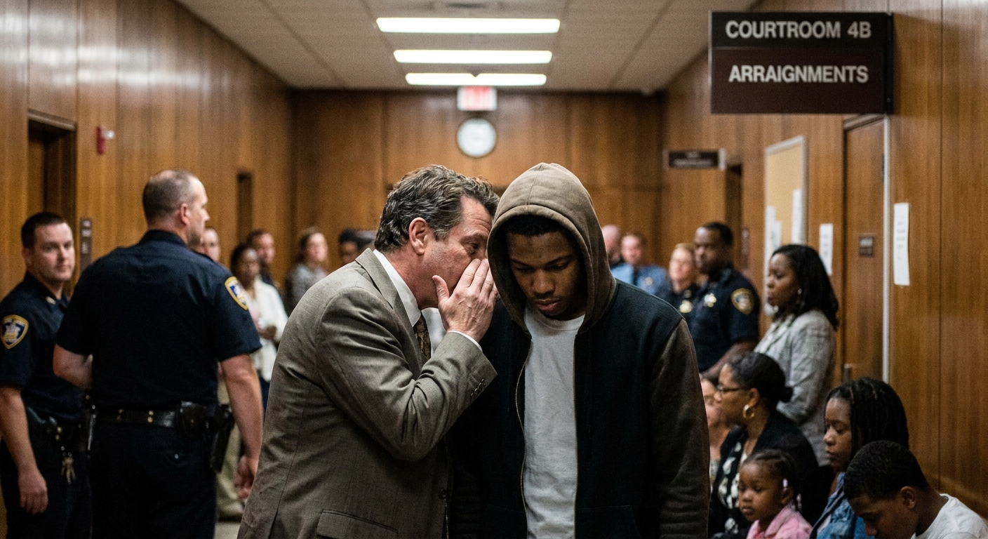 A defense attorney speaking quietly with a defendant in a courthouse hallway outside a courtroom after an arraignment, candid news photography style