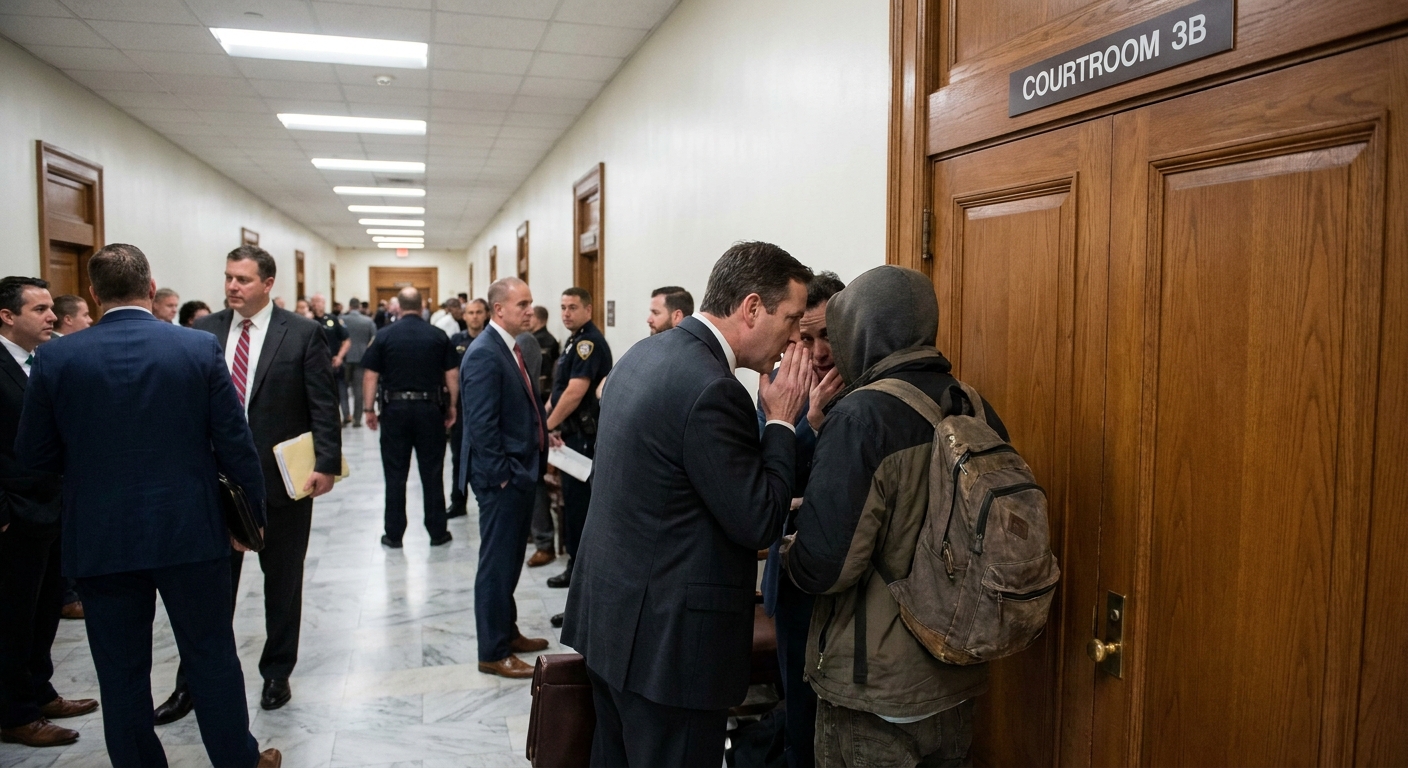 A defense attorney speaking quietly with a worried client in a courthouse hallway outside a courtroom door, news photography style