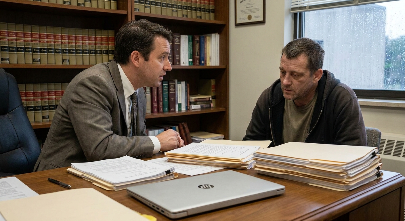 A defense attorney speaking with a client across a desk in a private office, papers and a closed laptop on the table, realistic documentary photography style