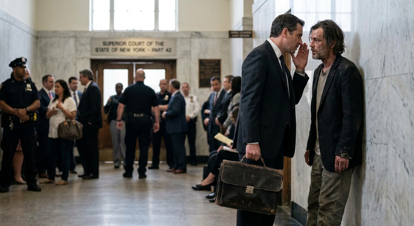 A defense attorney speaking with a client in a busy courthouse hallway outside a courtroom, candid legal news photography style