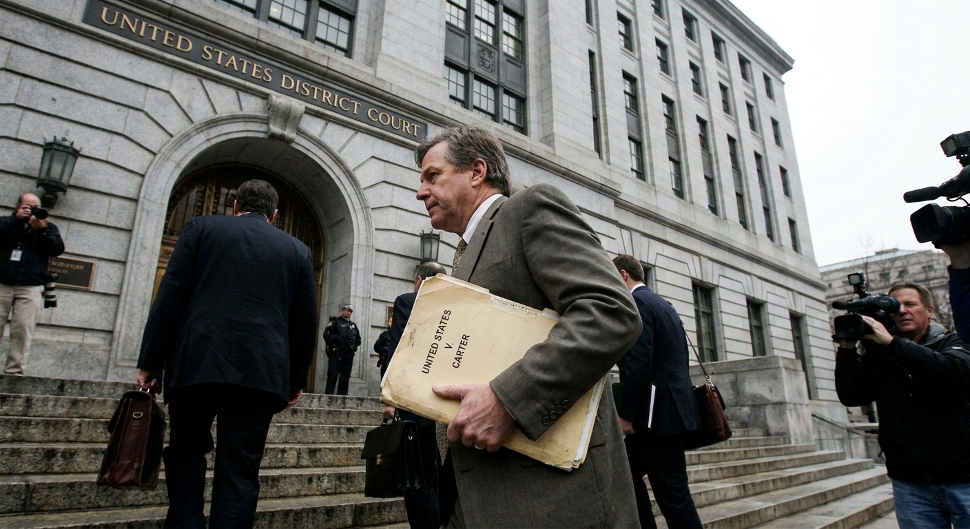A defense attorney walking up courthouse steps holding a case file folder outside a United States federal district courthouse on an overcast day, candid news photography style