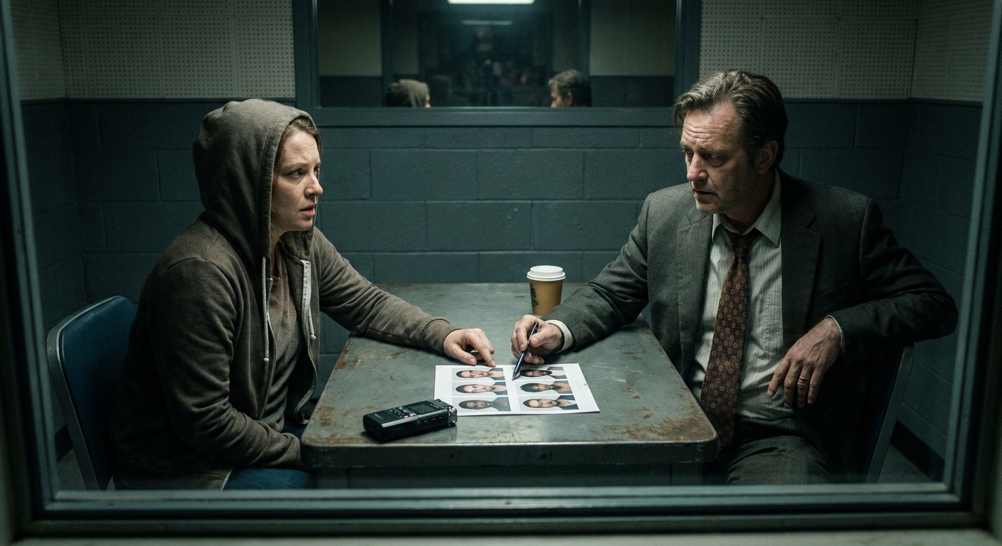 A detective sitting across from a witness in an interview room while presenting a printed photo lineup on the table, realistic law enforcement photography style