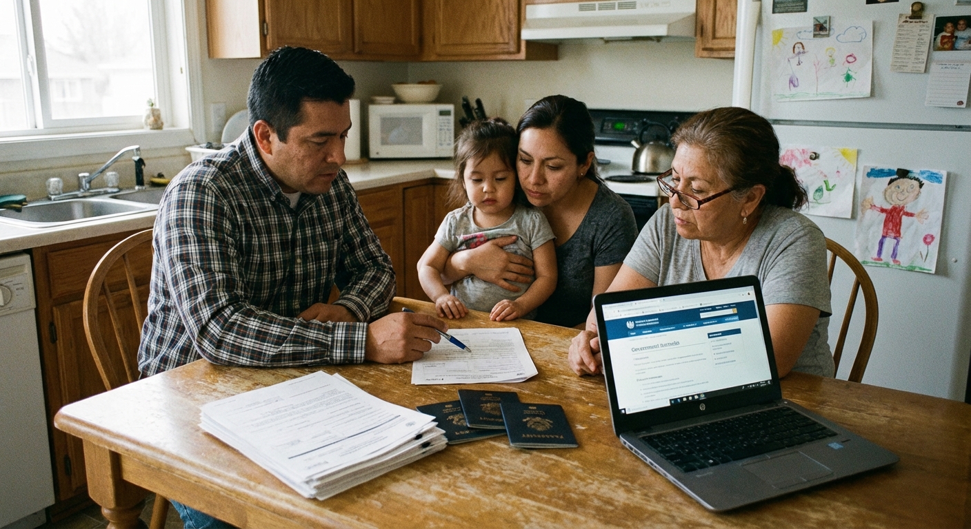 A documentary-style photograph of a family seated at a kitchen table reviewing immigration paperwork with passports, a laptop, and printed forms spread out