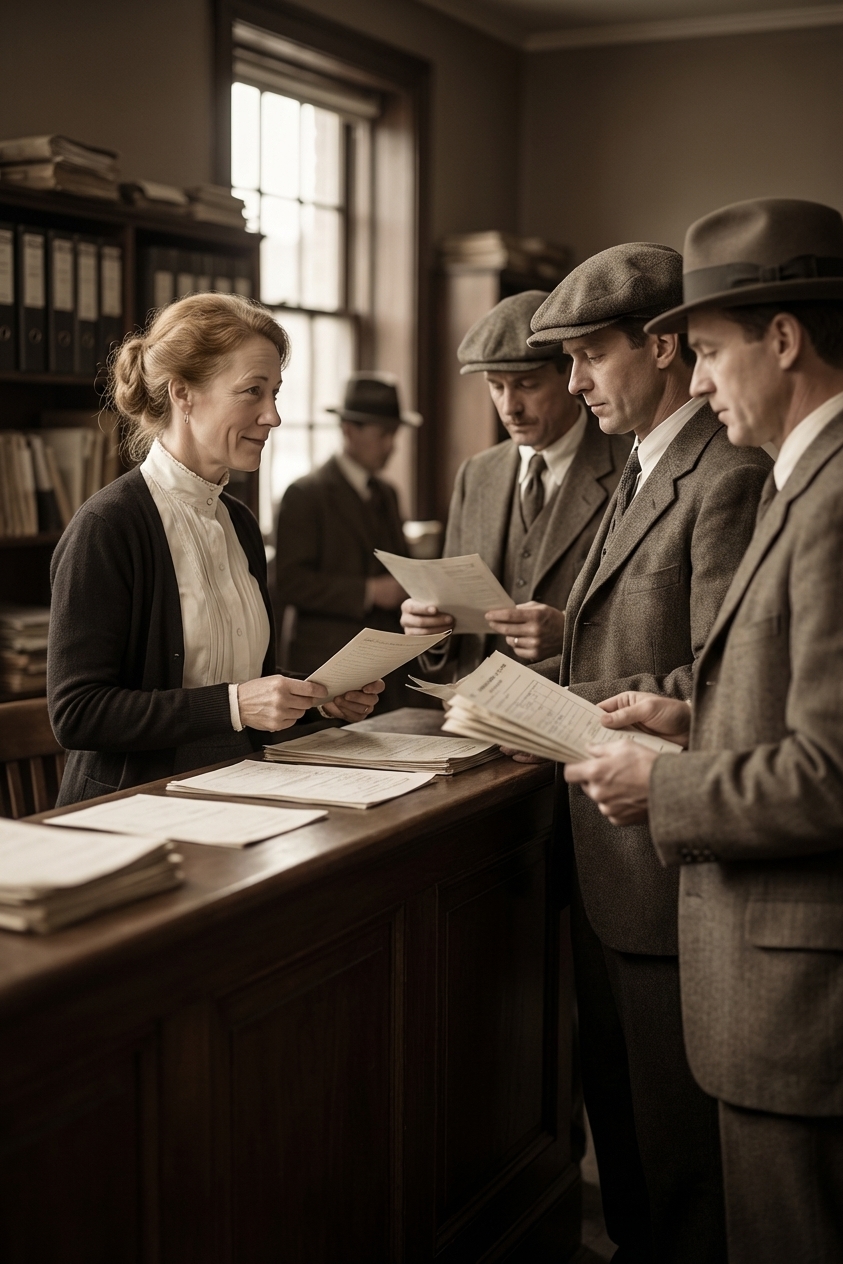 A documentary-style photograph of an early 20th-century government office counter where men in period clothing stand in line with papers in hand, muted colors and shallow depth of field