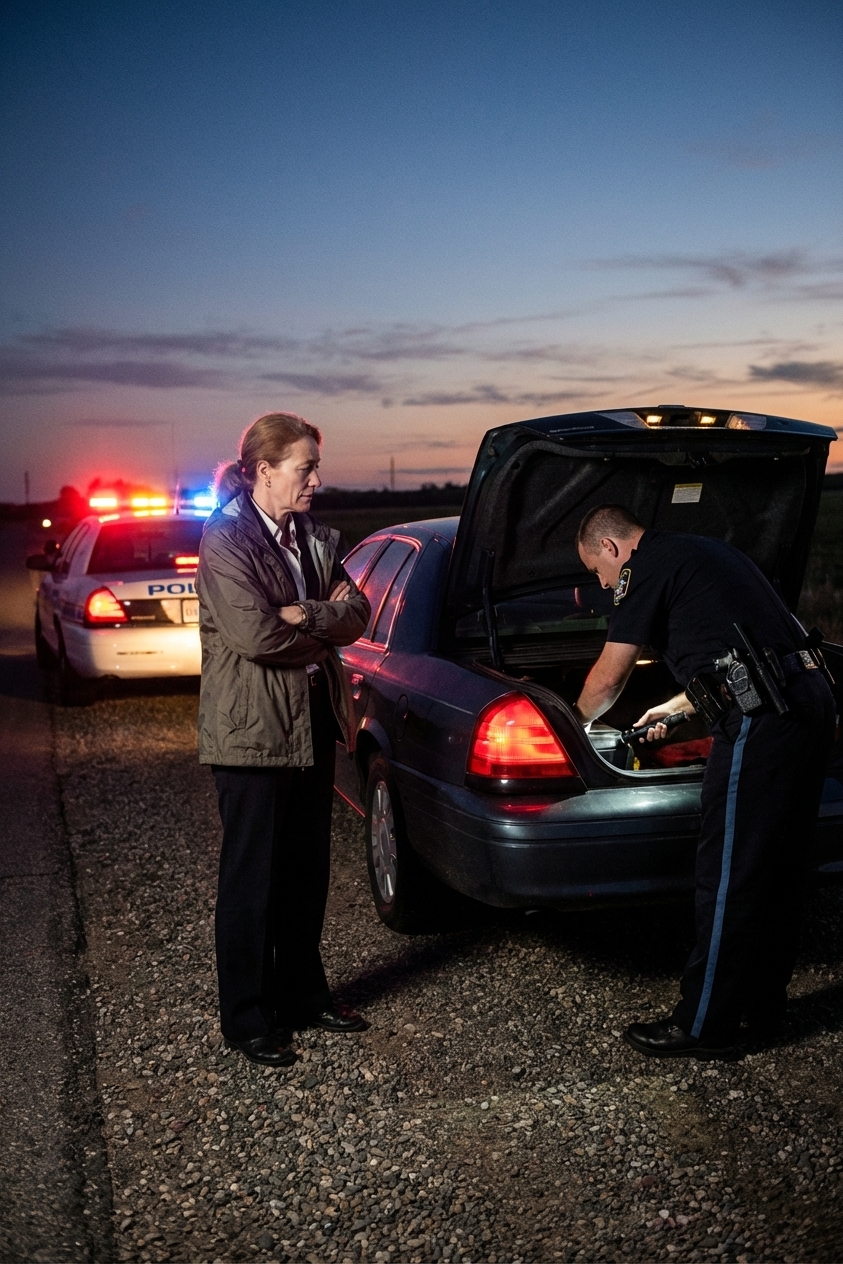 A driver standing on the roadside at dusk while a police officer searches the open trunk of a car near flashing patrol lights, realistic documentary photo