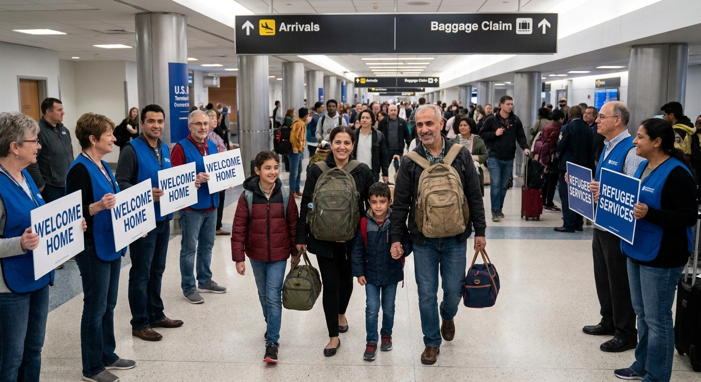 A family carrying small bags walking through a U.S. airport arrival terminal with volunteer greeters nearby, documentary news photography style