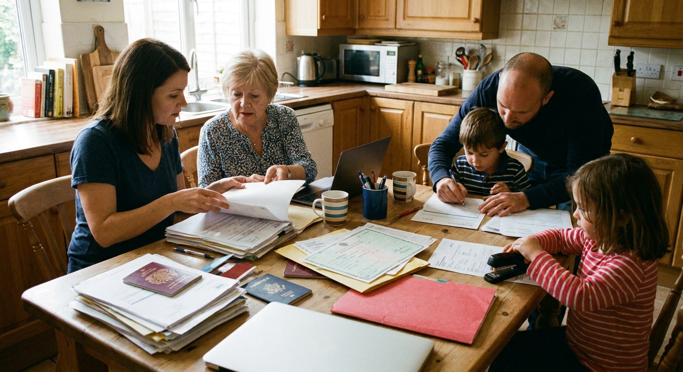 A family organizing paperwork and identification documents on a kitchen table at home, candid documentary photography style