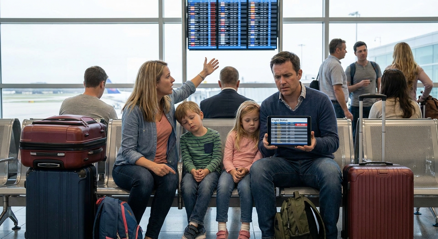 A family sitting with luggage near an airport departure gate, looking concerned while checking flight information, realistic news photography style