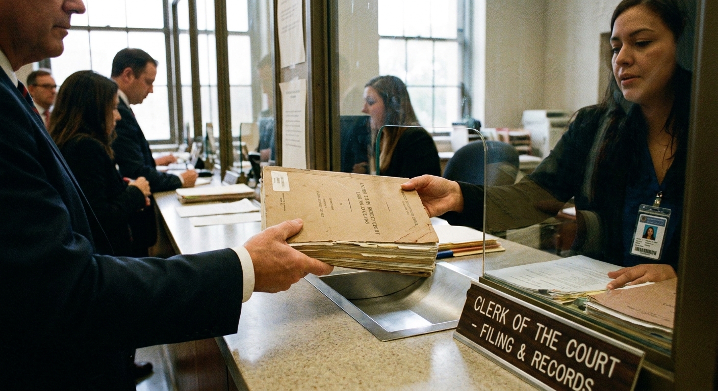 A federal courthouse clerk counter with a case file being handed across the counter, news photography style