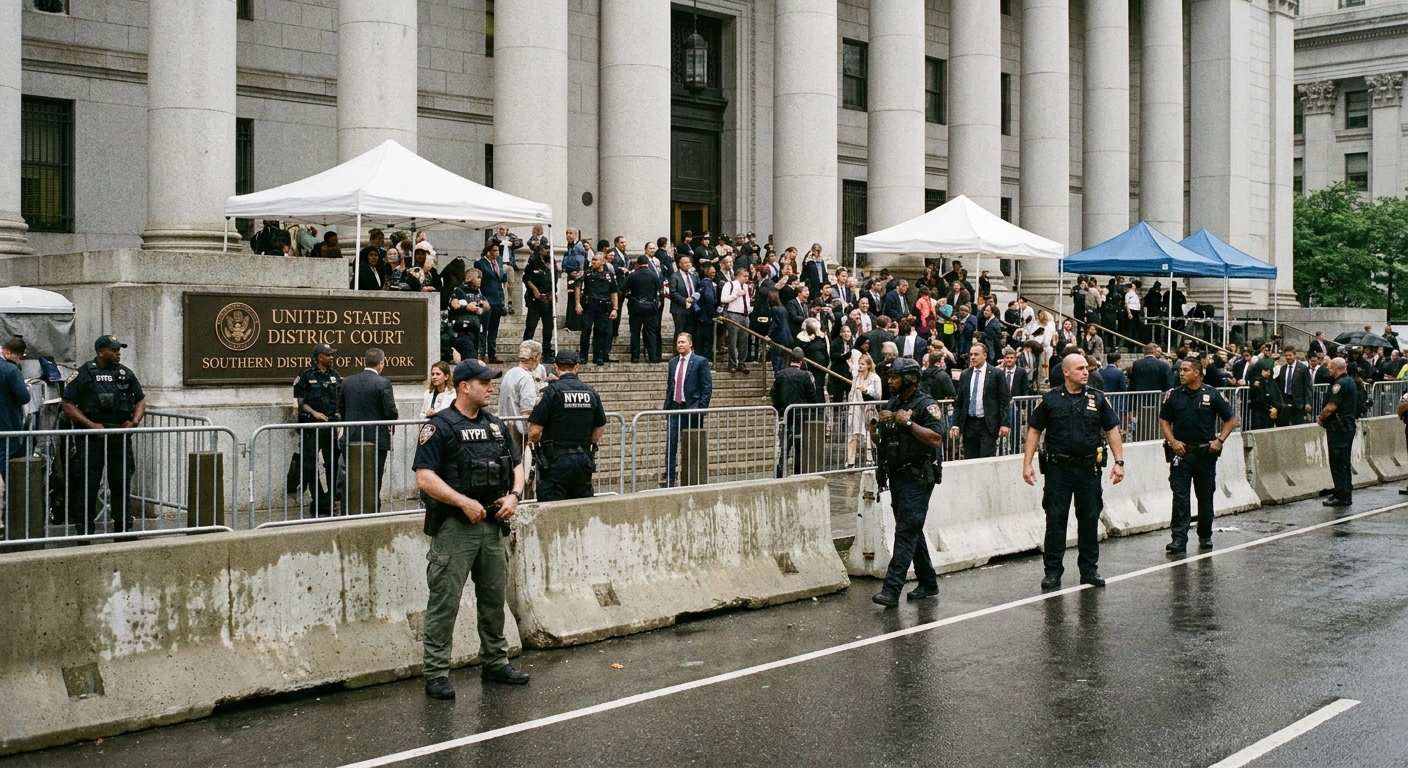 A federal courthouse entrance in Manhattan in June 2019 with people walking past security barriers and law enforcement presence outside, realistic street level news photo