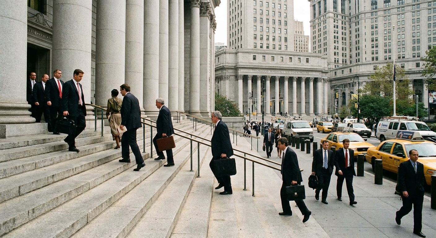 A federal courthouse entrance in Manhattan with stone steps and people walking past, news photography style