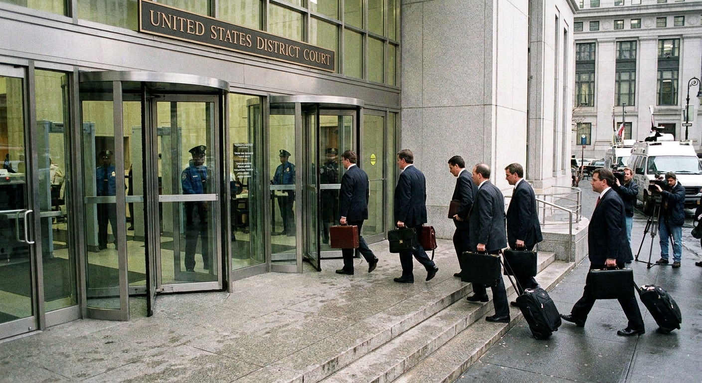 A federal courthouse entrance in New York City with security screening visible through glass doors and attorneys walking up the steps, news photography style