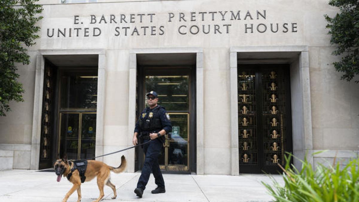 A federal courthouse entrance in Washington, DC with security screening visible and people entering the building, real news photograph