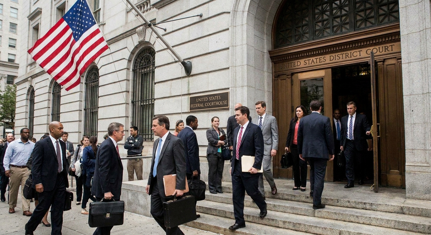 A federal courthouse entrance with people walking in and out, including attorneys carrying files and a U.S. flag near the doors, news photography style