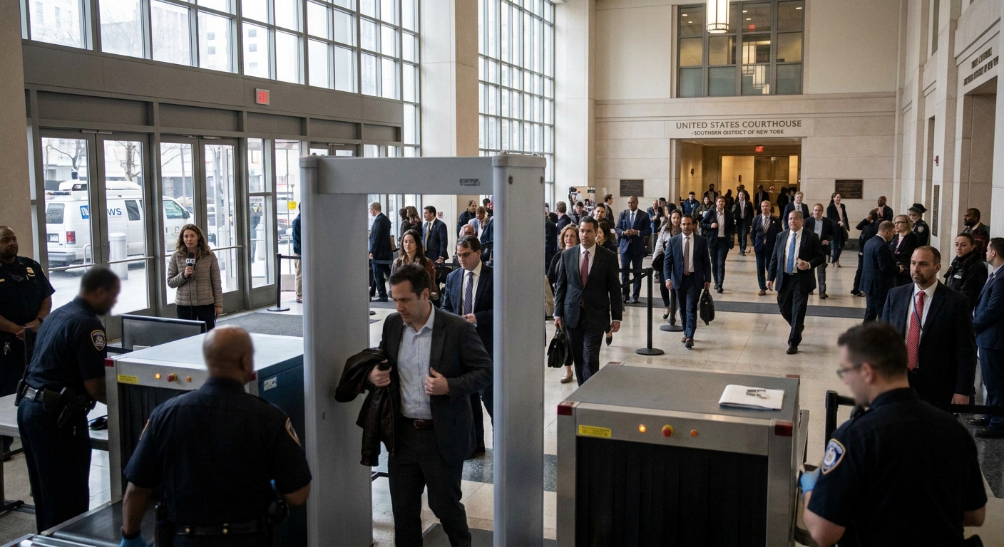 A federal courthouse entrance with security screening in the foreground and people walking through the lobby, documentary news photography style