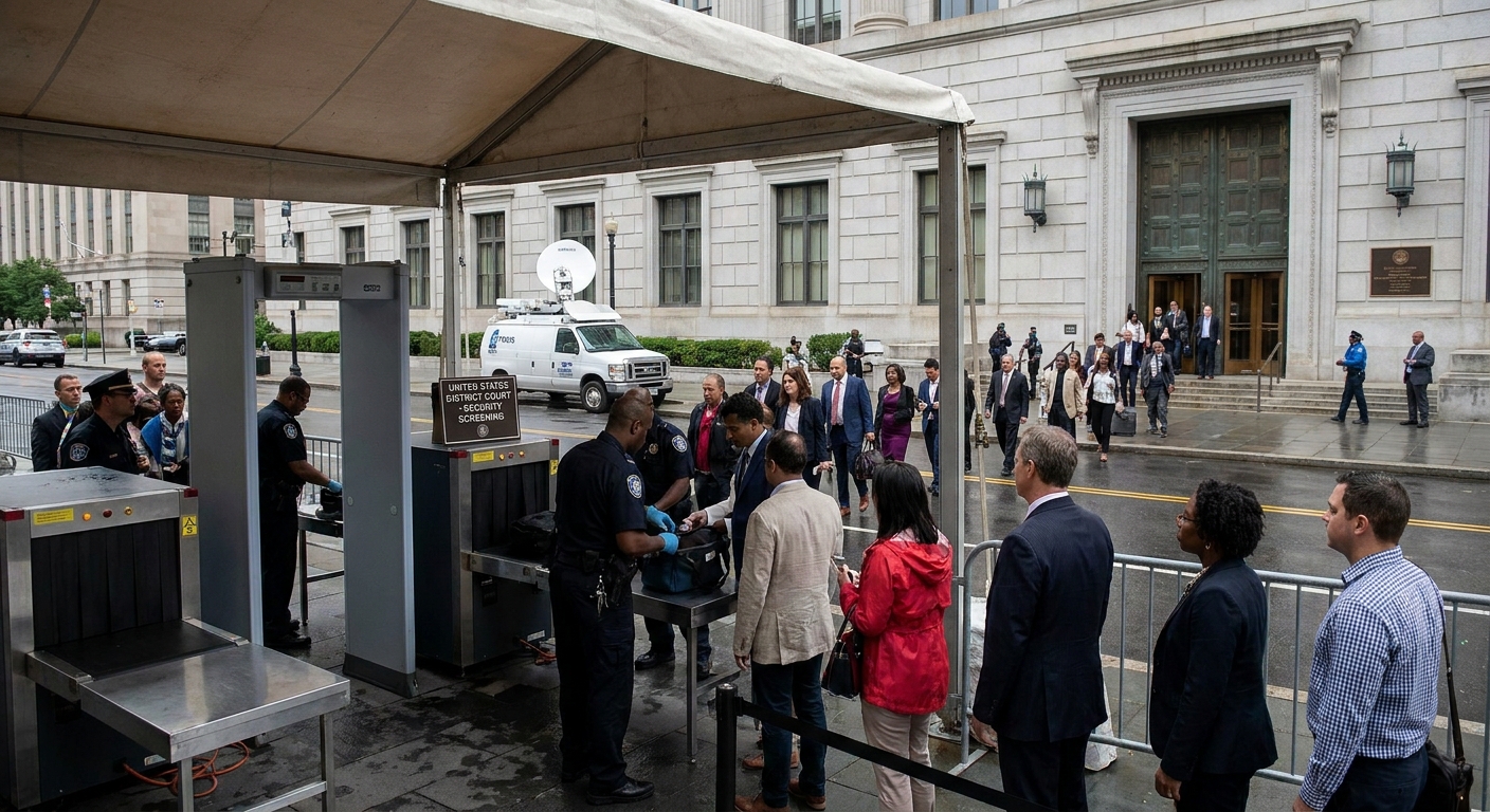 A federal courthouse entrance with security screening in the foreground and people entering the building, realistic news photography style