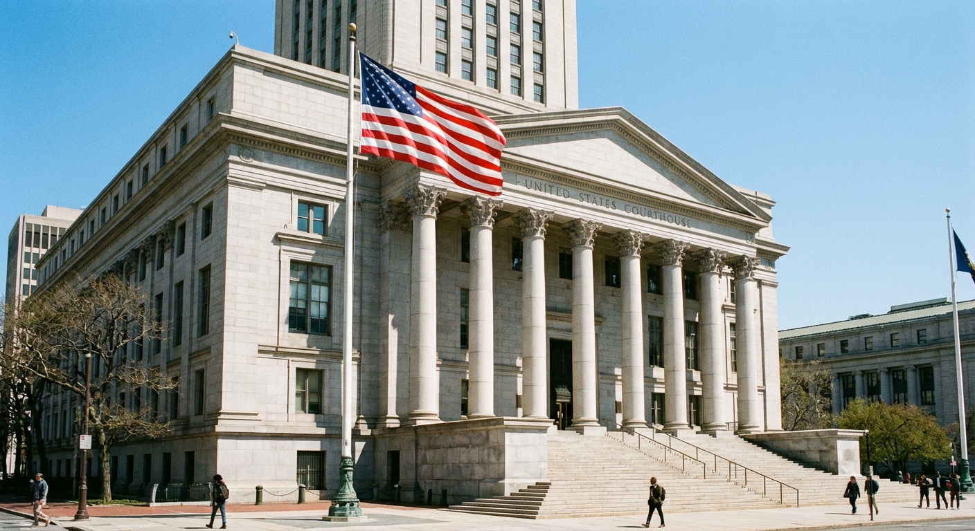 A federal courthouse exterior with stone steps and a U.S. flag waving in front on a clear day