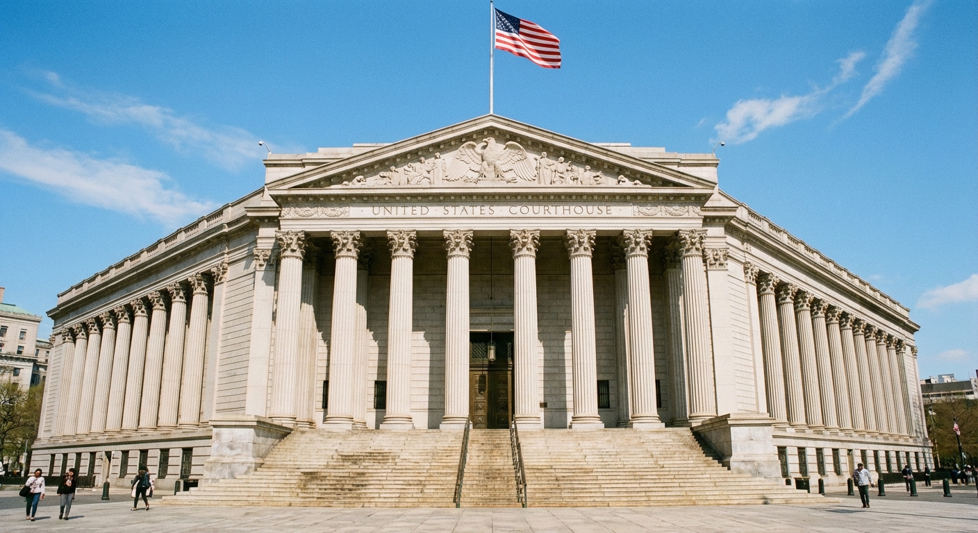A federal courthouse exterior with stone steps and columns on a clear day
