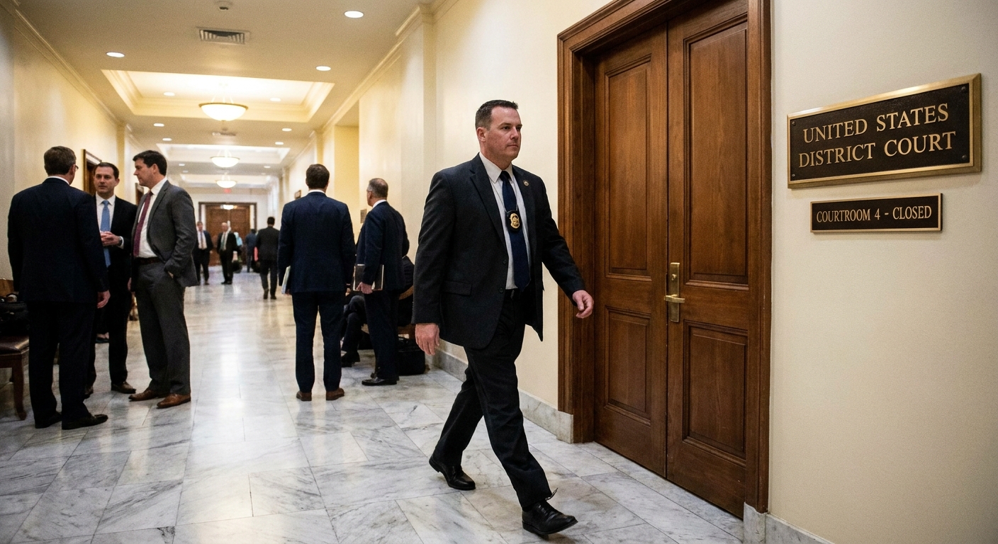 A federal courthouse hallway outside a United States District Court courtroom, with a U.S. marshal walking past closed doors, news photography style