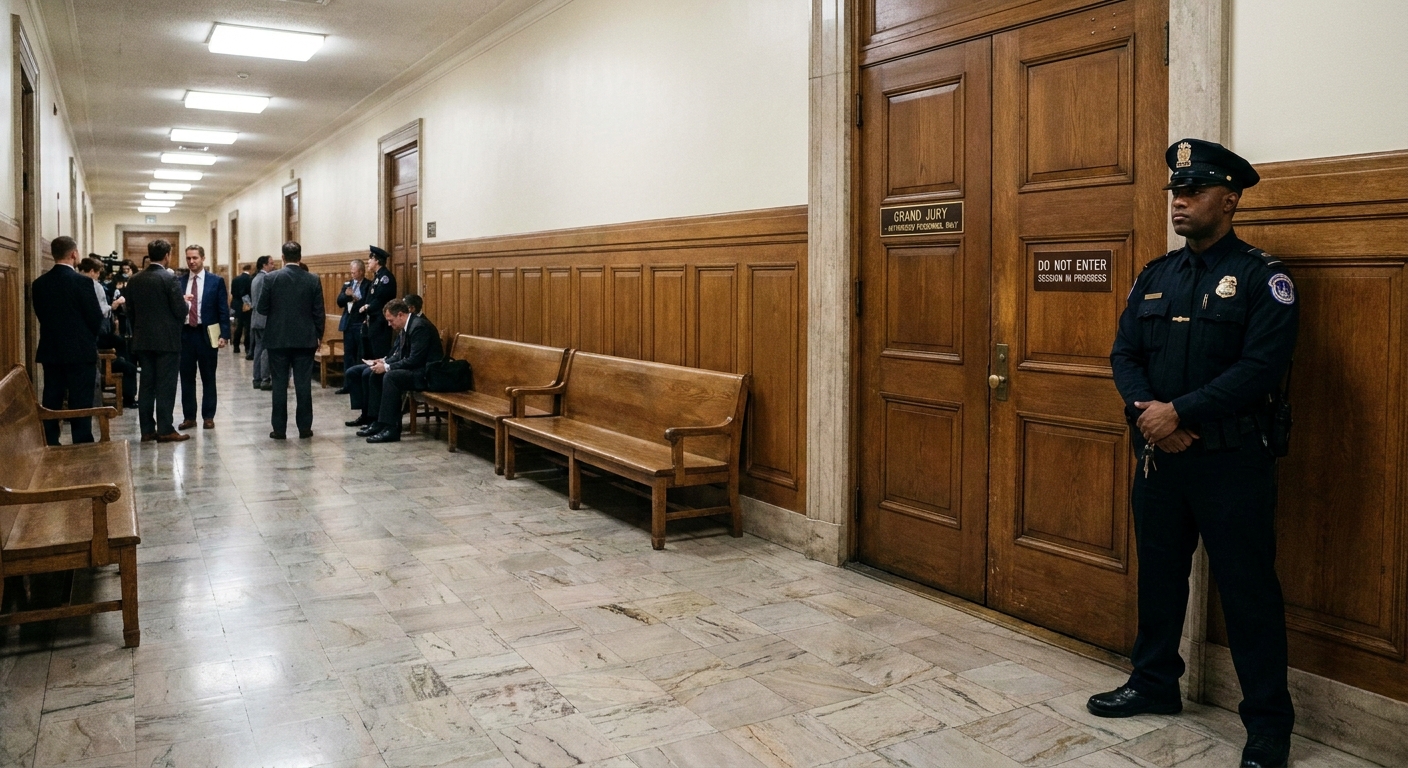 A federal courthouse hallway outside a grand jury area in Washington, DC, with closed double doors and a uniformed court security officer standing nearby, documentary courtroom photography style