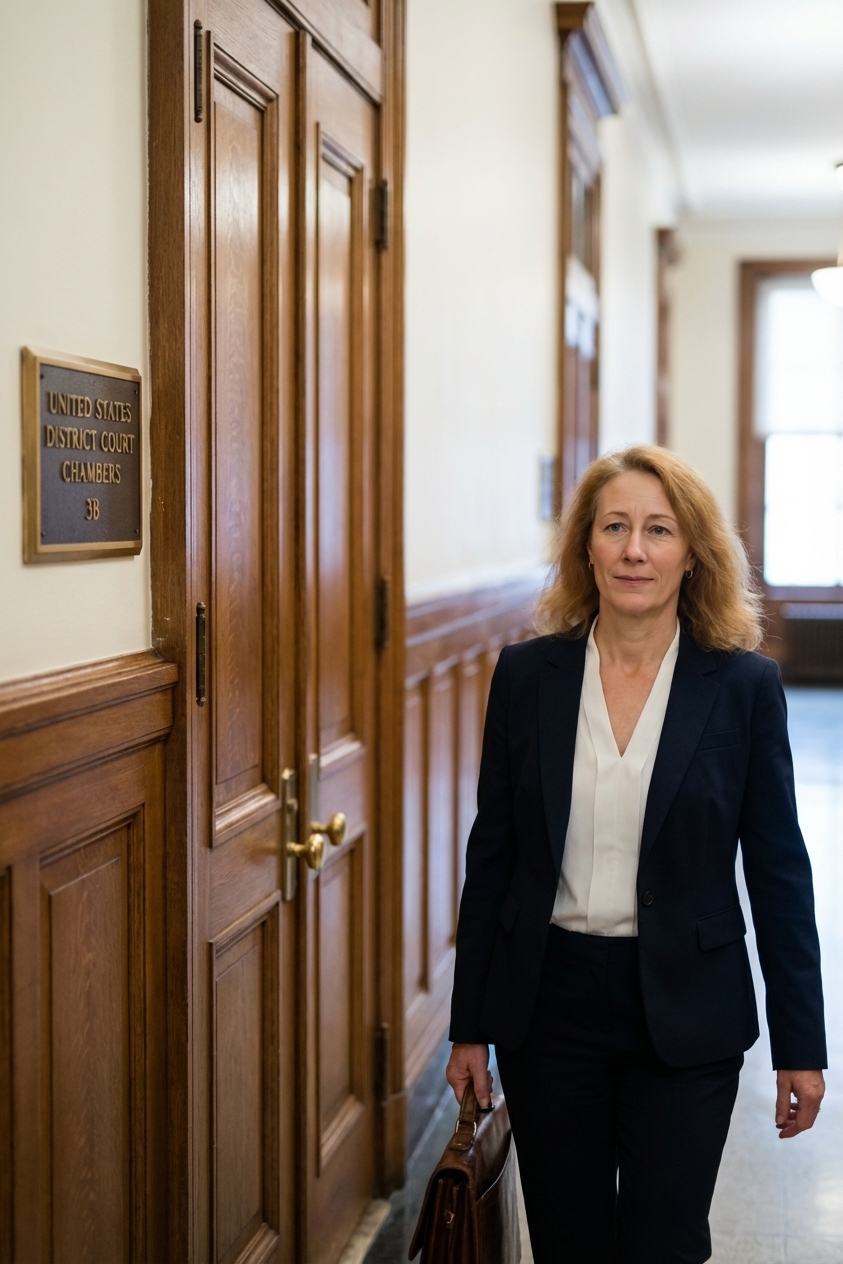 A federal courthouse hallway with closed wooden doors and a small brass plaque near the doorframe, shallow depth of field, photorealistic news style