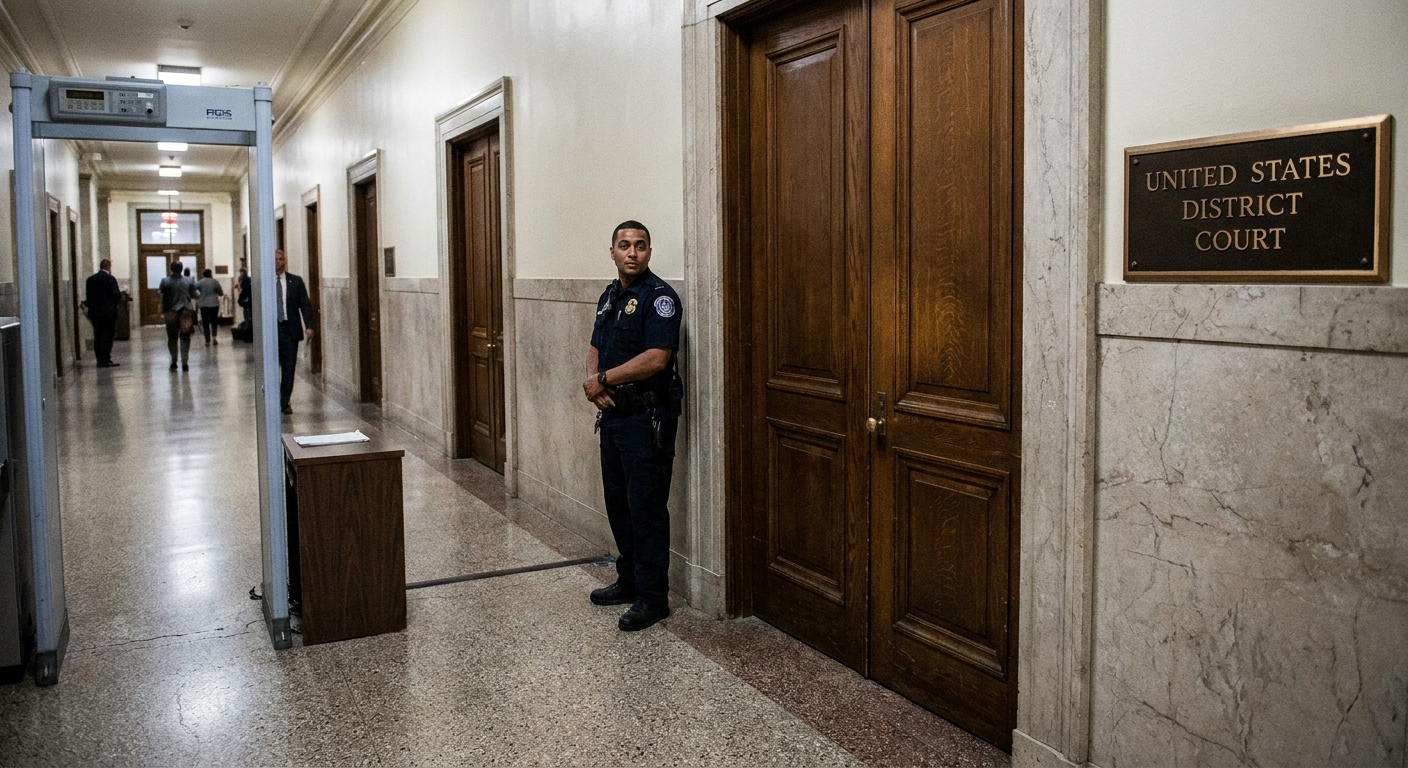 A federal courthouse hallway with closed wooden doors and a uniformed court security officer standing nearby, candid news photography style