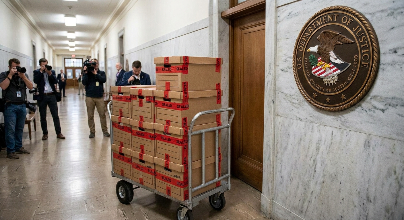 A federal courthouse hallway with sealed case files on a cart and a U.S. Department of Justice seal visible on a wall, news photography style