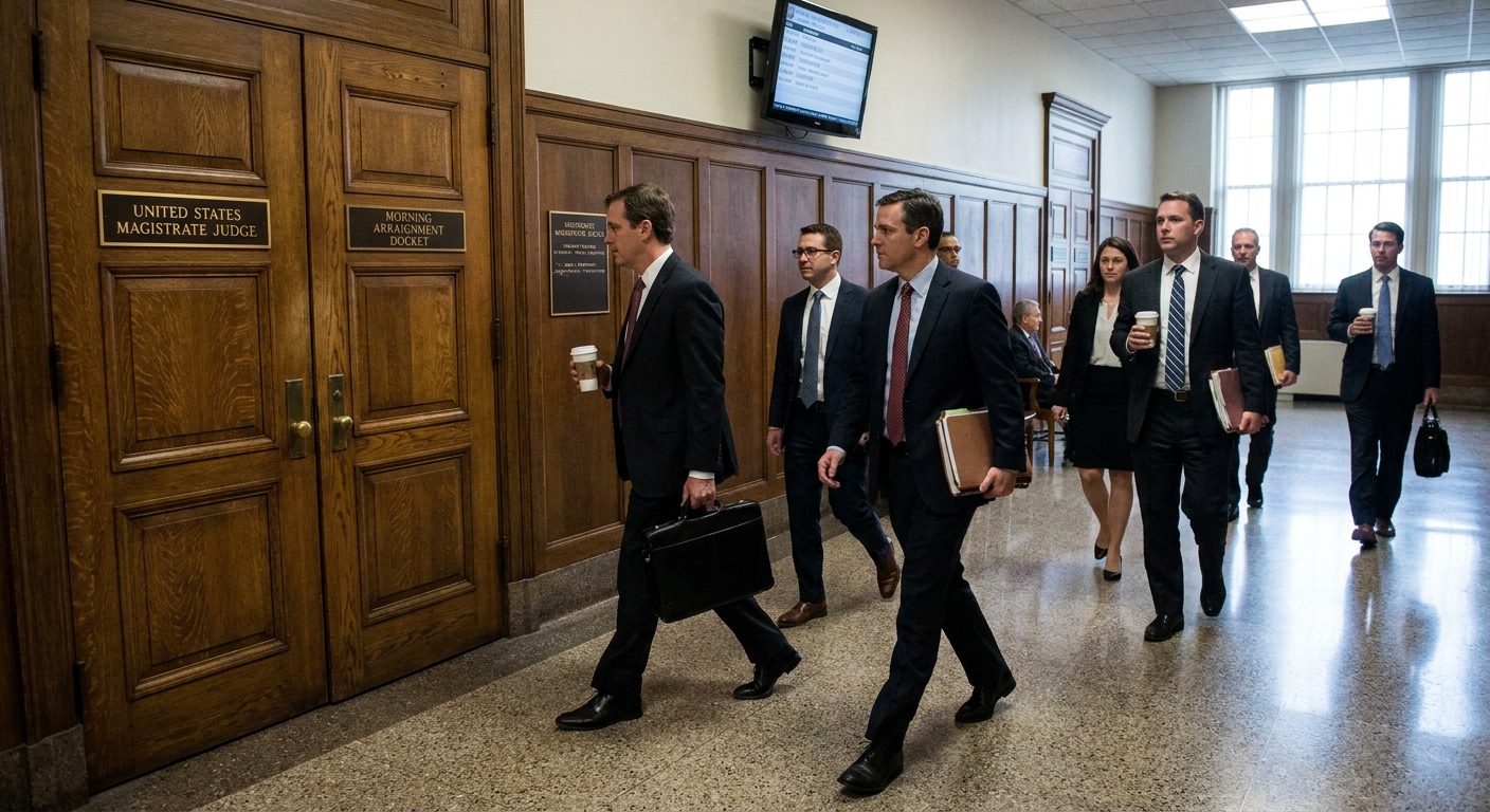 A federal courthouse interior corridor outside a magistrate courtroom during a morning arraignment docket, with attorneys walking past wooden doors, news photography style