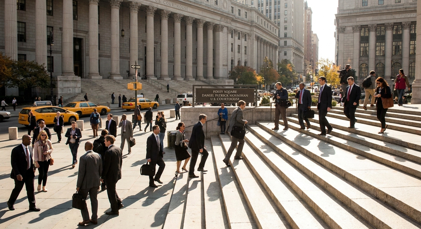 A federal courthouse plaza in lower Manhattan with pedestrians walking past stone steps on a bright day, news photography style