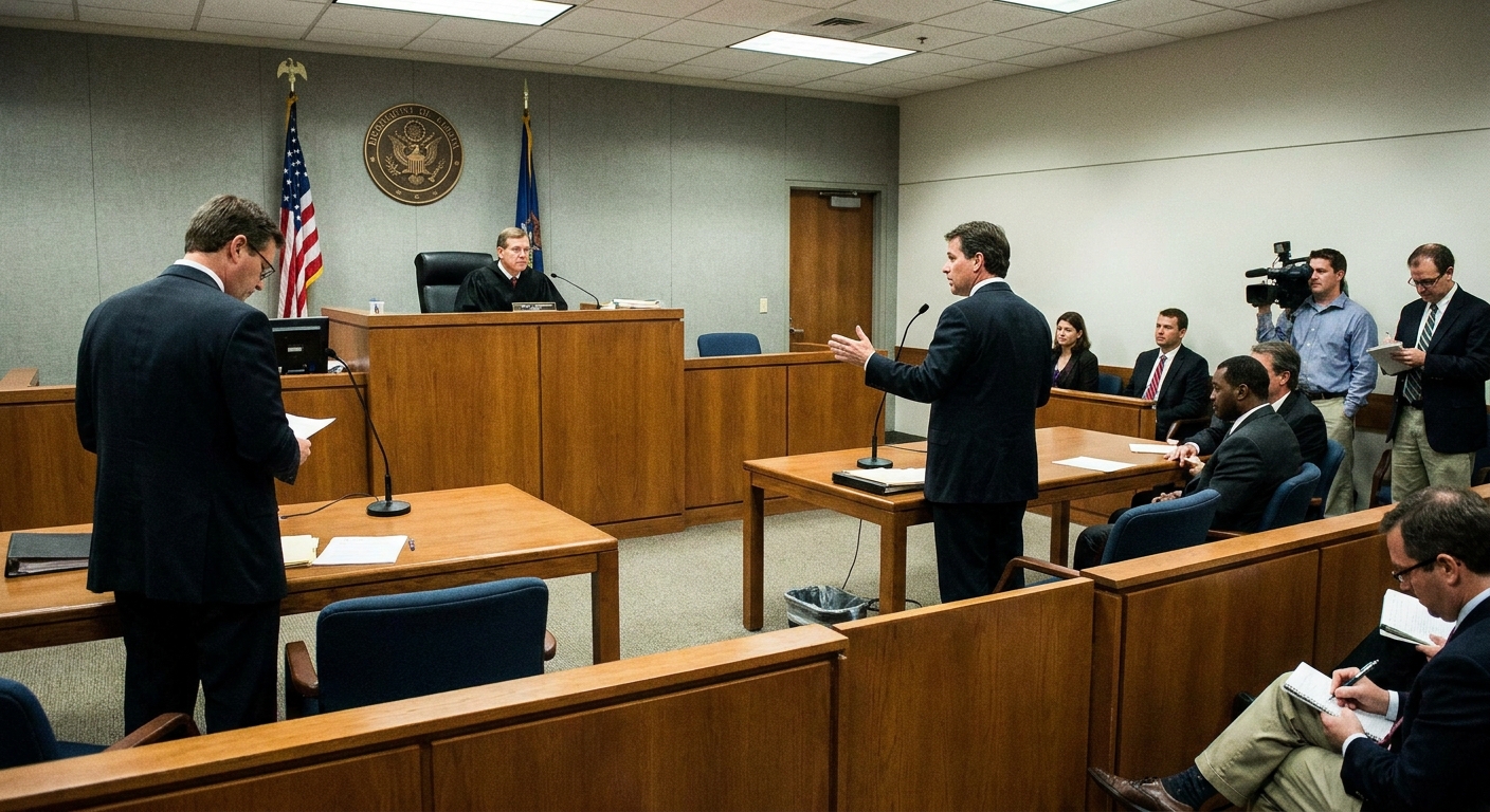 A federal courtroom during a detention hearing, with a judge on the bench and attorneys standing at counsel tables, news photography style