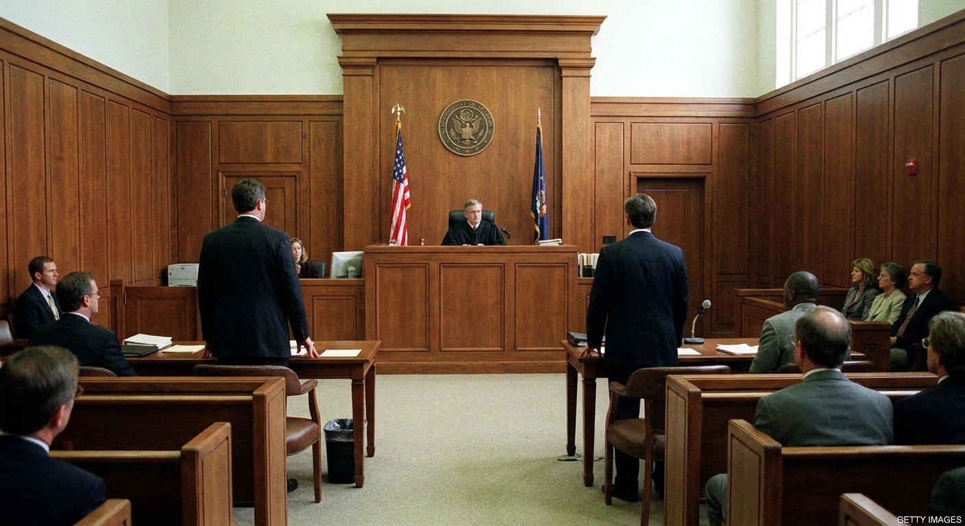 A federal courtroom during a sentencing hearing with the judge seated at the bench and attorneys standing at counsel tables, news photography style