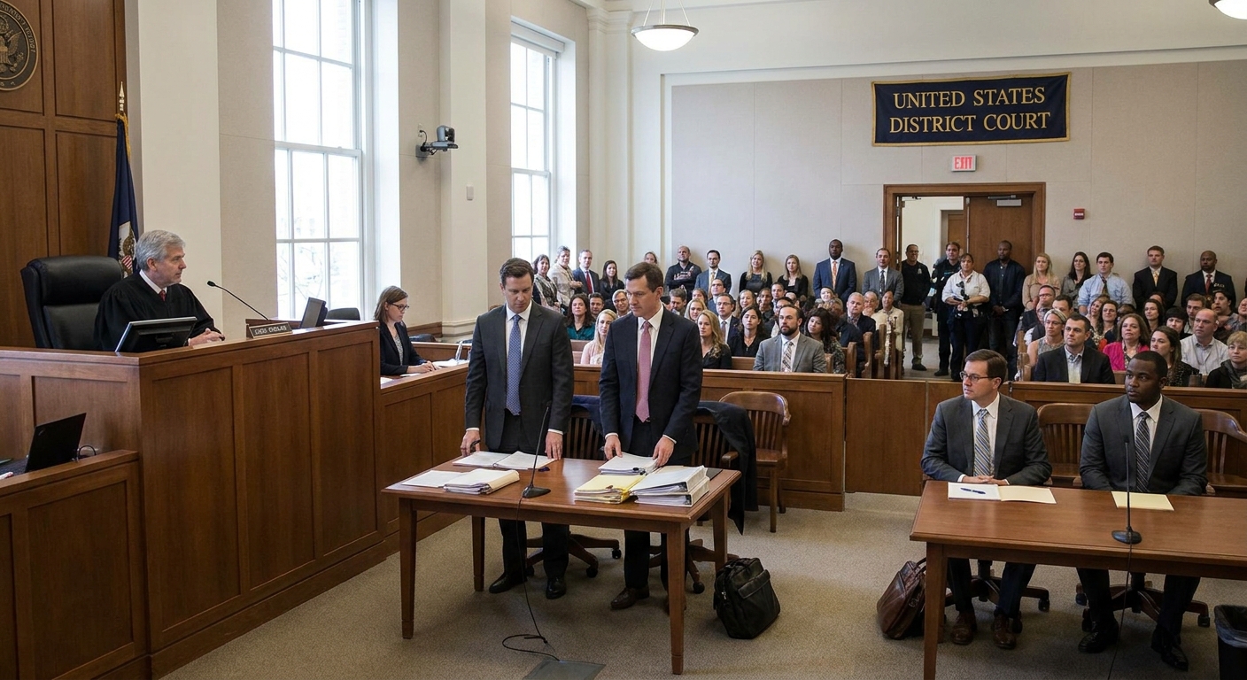 A federal courtroom during a sentencing hearing, with the judge on the bench and counsel tables visible in a real news photography style