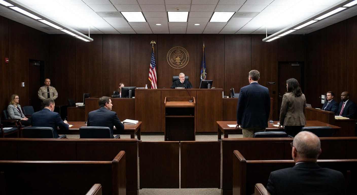 A federal courtroom during an arraignment with a judge at the bench, attorneys at counsel tables, and a defendant standing with counsel, news photography style
