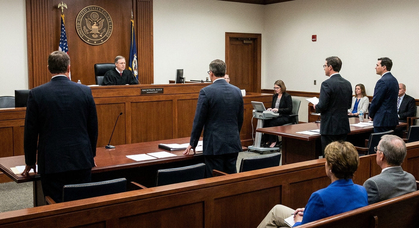 A federal courtroom during an initial appearance with a magistrate judge at the bench and attorneys standing at counsel tables, news photography style