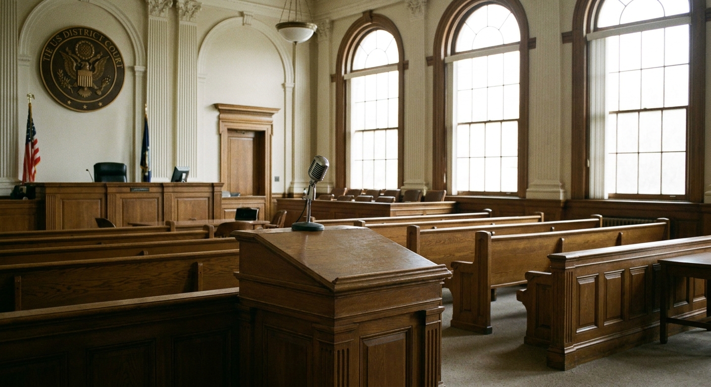 A federal courtroom interior with a wooden witness stand and microphone in the foreground, empty seats, and soft natural light