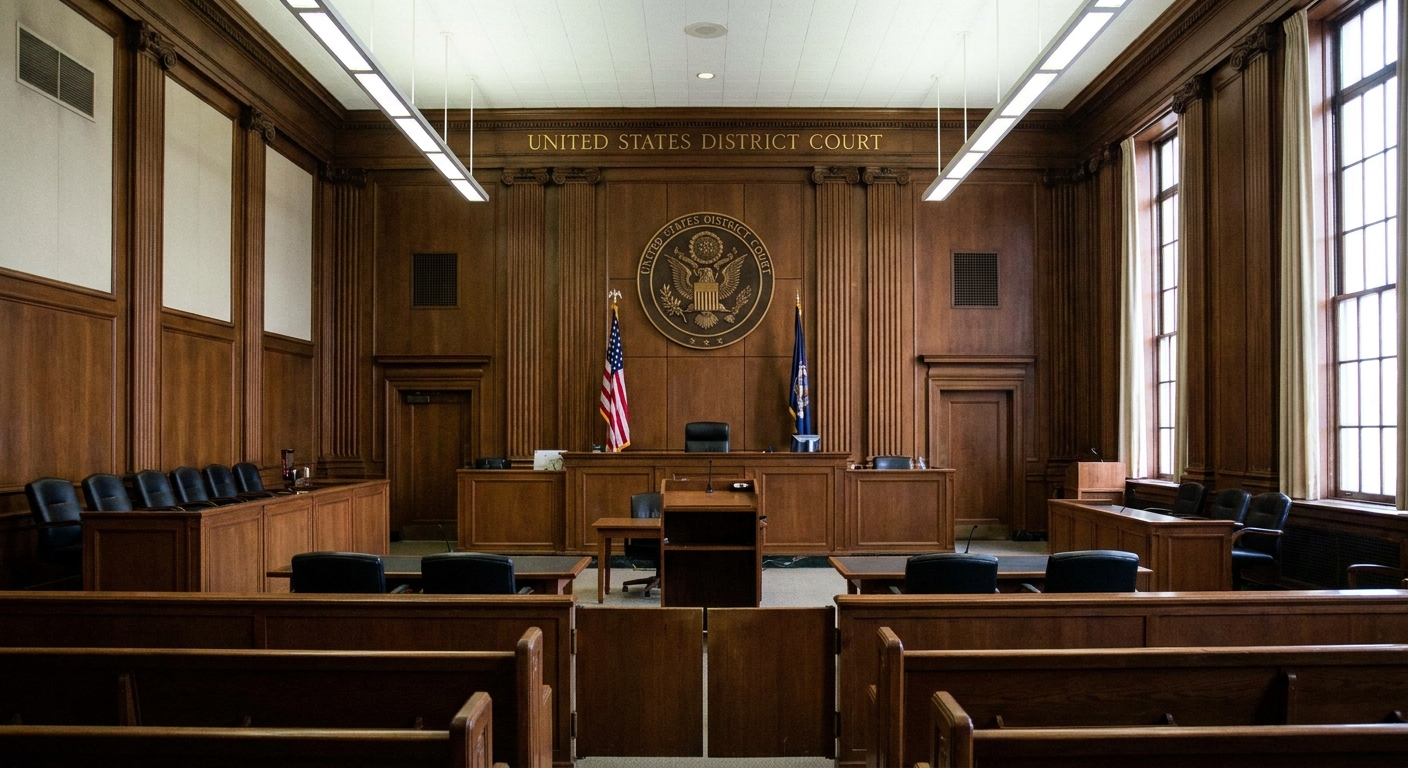 A federal courtroom interior with an empty jury box, counsel tables, and the judge’s bench, photographed from the gallery, news photography style