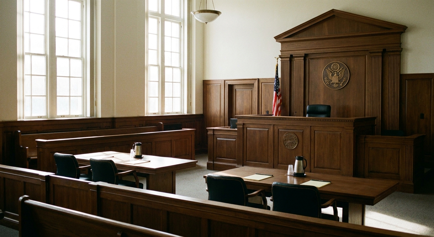 A federal courtroom interior with the judge's bench in view and empty counsel tables, photographed in natural light on a hearing day