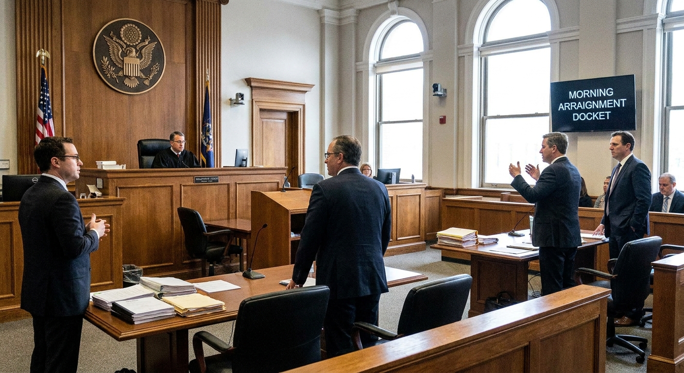 A federal courtroom with a magistrate judge seated at the bench while attorneys stand at counsel tables during a morning arraignment docket, news photography style