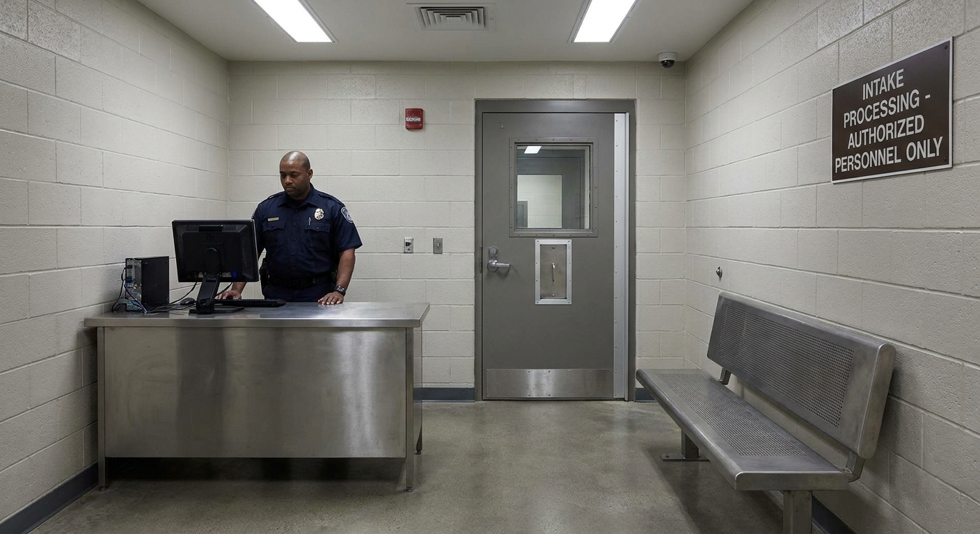 A federal detention center intake area with a correctional officer standing near a secure door and a bench, news photography style