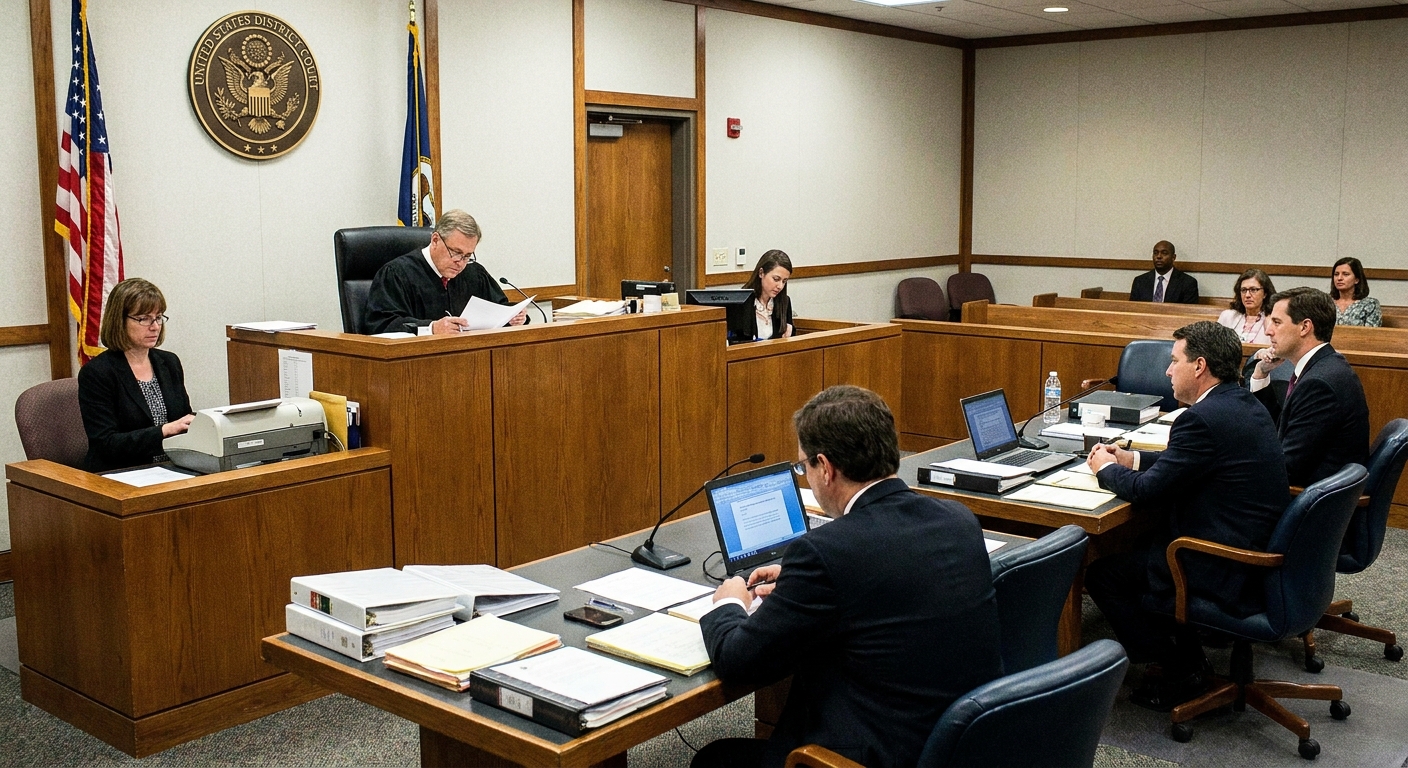 A federal district court courtroom during a pretrial hearing, with attorneys seated at counsel tables and a judge on the bench, documentary news photography style