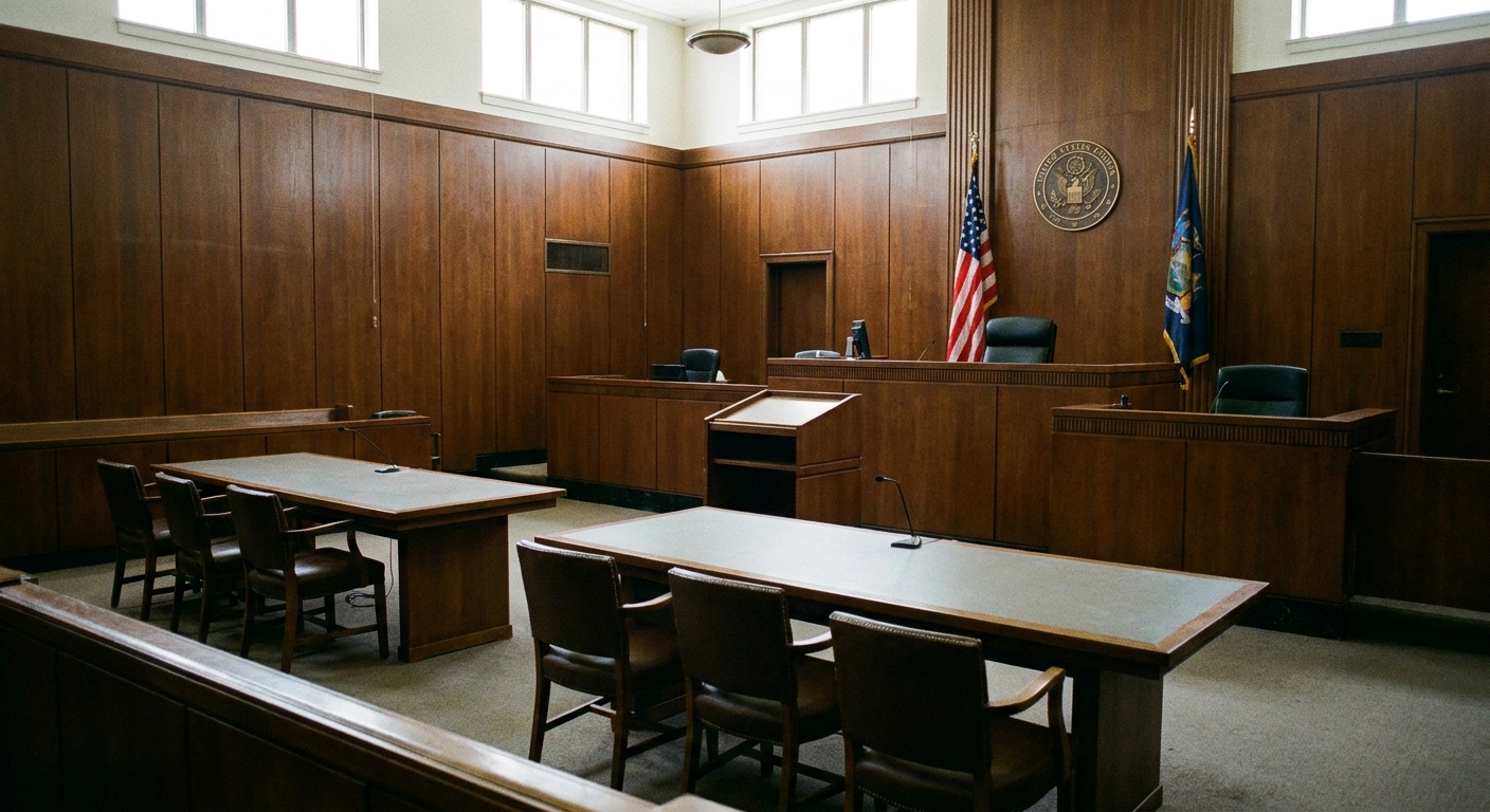 A federal district court courtroom interior with empty counsel tables facing the judge's bench, wood-paneled walls, and the U.S. flag behind the bench, news photography style