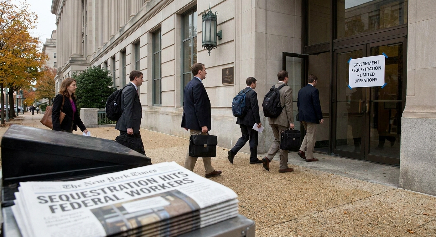 A federal government office building in Washington, DC with workers entering during the 2013 sequestration period, realistic news photography style