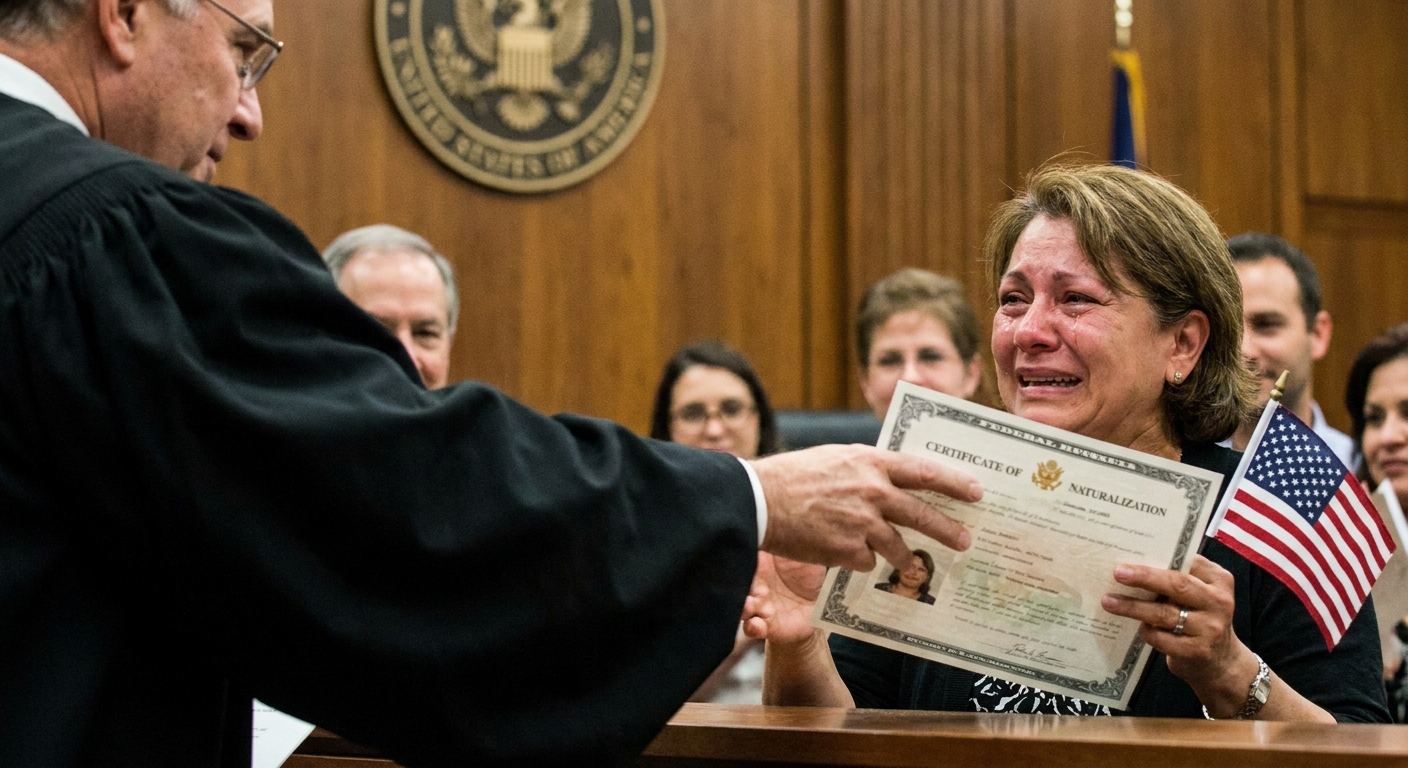 A federal judge handing a Certificate of Naturalization to a newly naturalized citizen in a courtroom, close-up documentary photograph