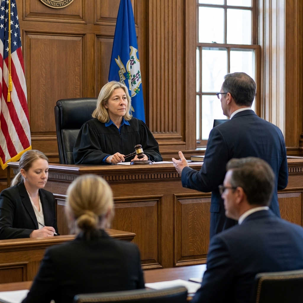A federal judge in a wood-paneled courtroom in Connecticut, seated at the bench during a hearing, news photography style