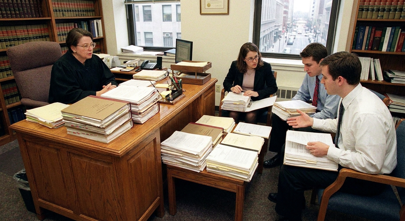 A federal judge seated at a desk with law clerks nearby reviewing thick stacks of court filings in chambers, documentary news photography style